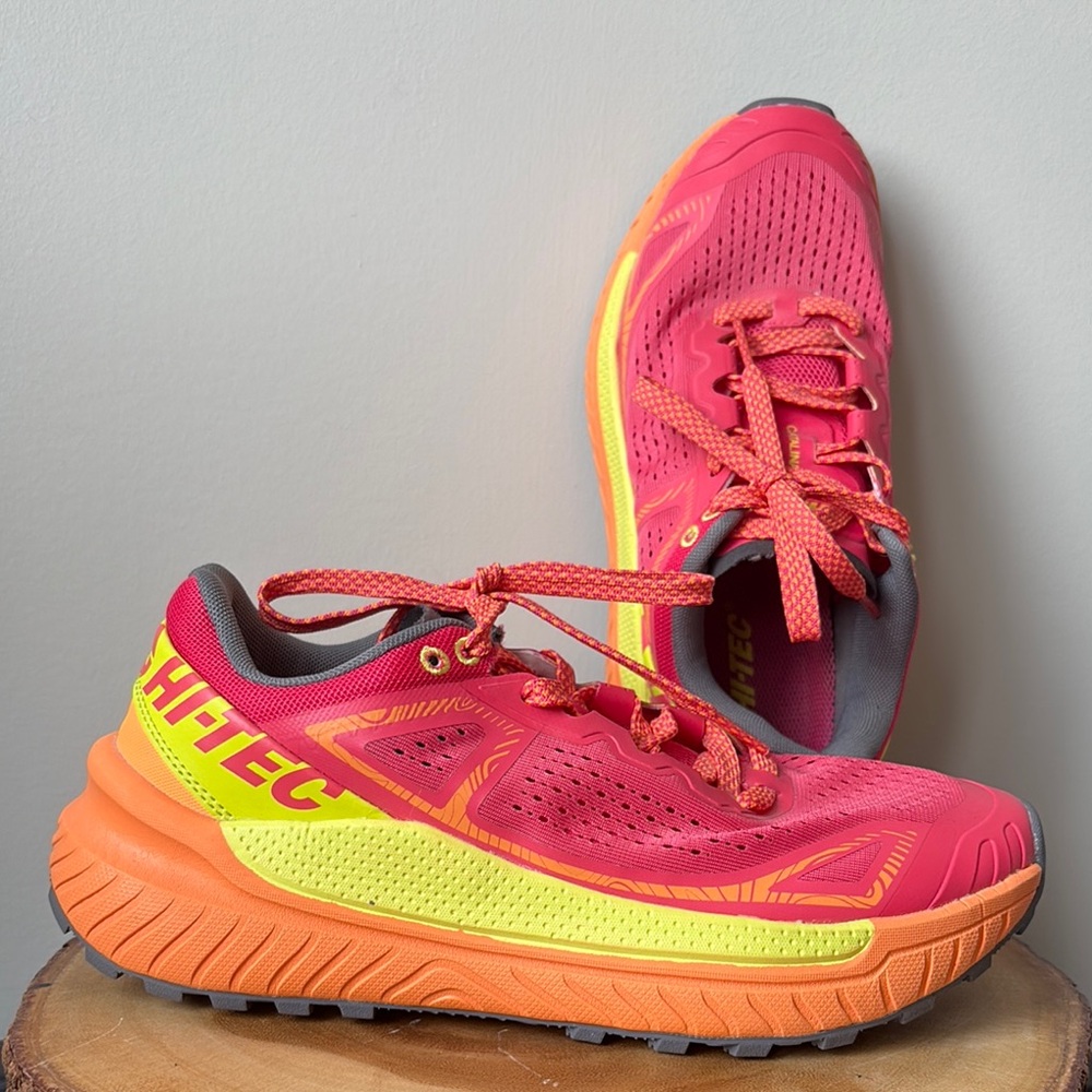 Hi-Tec Women’s Coral Pink Running Shoes with Neon Yellow & Orange Accents